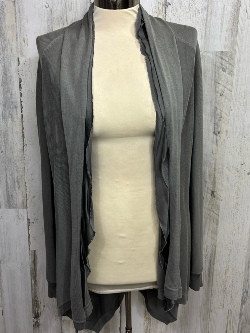 WinterSilks Gray Silk Blend Open-Front Draped Cardigan Sweater‎